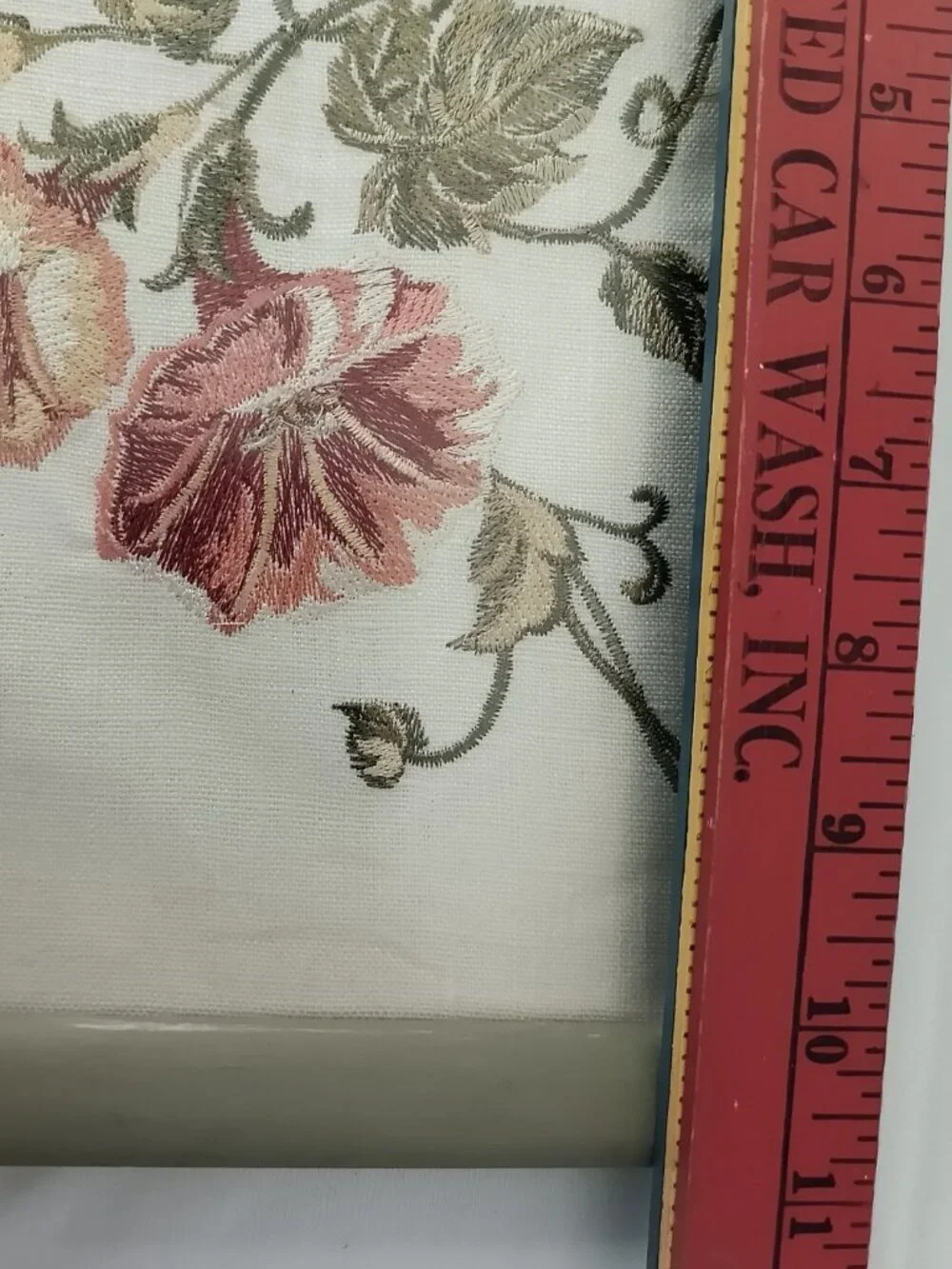 Vintage Embroidered Floral Fabric Art 1980s Curtain Sample Framed Botanical